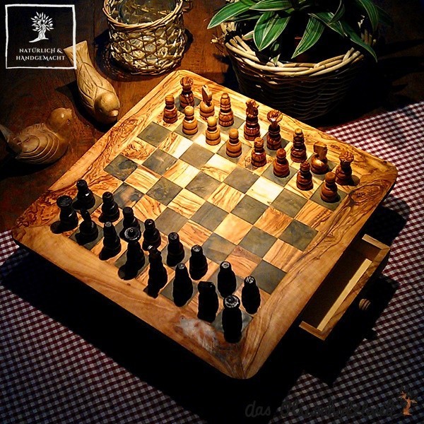 Handcrafted olive wood chess board with drawer including figures