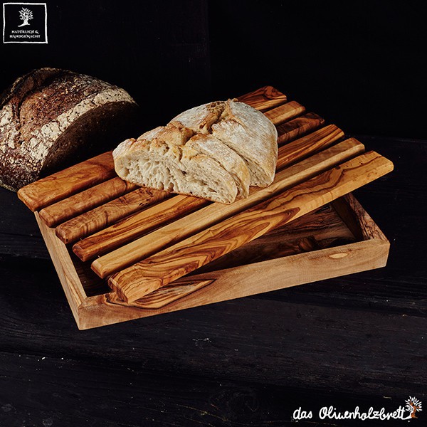 Bread cutting board olive wood with crumb catcher, useful kitchen utensil,  handmade