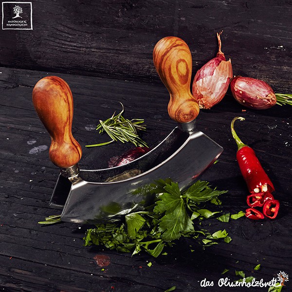 Salad Chopper With Wood round Herb Board Mezzaluna Knife with