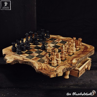 Olive Wood Rustic Chess Board Set with Resin Finish - Qartaj